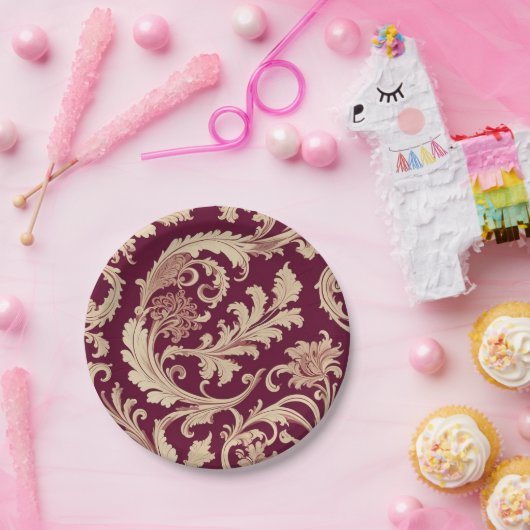 Maroon en Beige Patroon Papieren Bordje (Feest)