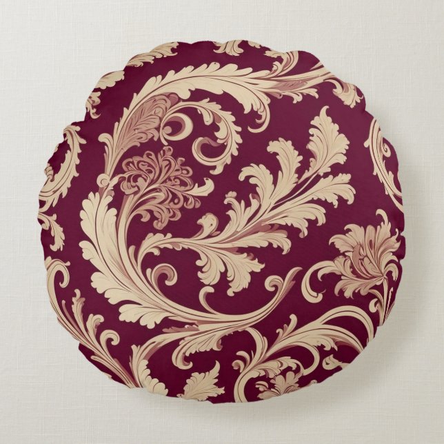 Maroon en Beige  Patroon Rond Kussen (Voorkant)