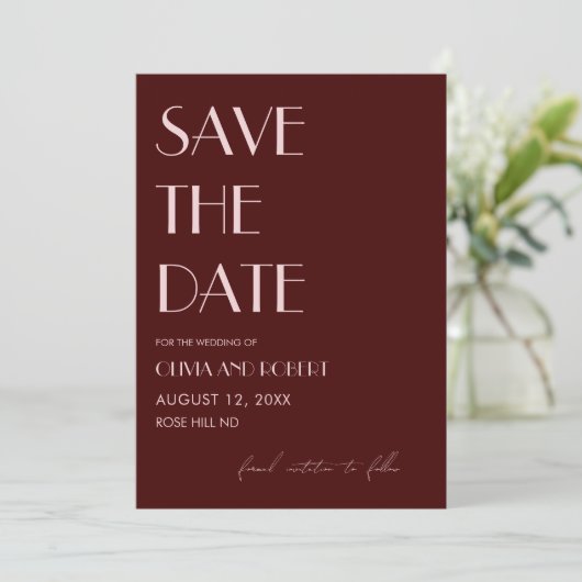 Maroon en bord roze esthetische bruiloft save the date (Staand voorkant)