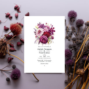 Maroon en Donker Paarse Bloemen Herfst Bruiloft Kaart