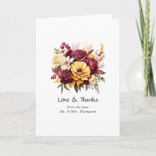Maroon en Gele Bloemen Bruiloft Bedankkaart