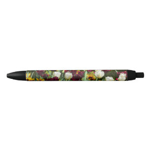 Maroon en gele Tulpen kleurrijke Floral Zwarte Inkt Pen