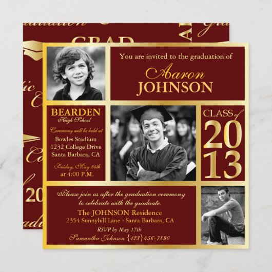 Maroon en Gold Photo Invitation H Kaart (Voorkant / Achterkant)