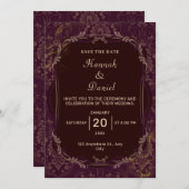 Maroon en goud elegante bruiloft uitnodiging (Voorkant / Achterkant)