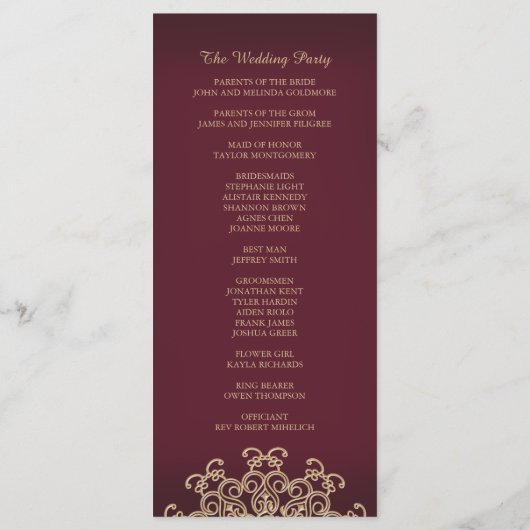 Maroon en Goud Indiaas geïnspireerde bruiloft prog Programma (Achterkant)