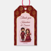 Maroon en goud schattig Indiase bruidspaar gunst Cadeaulabel (Voorkant)