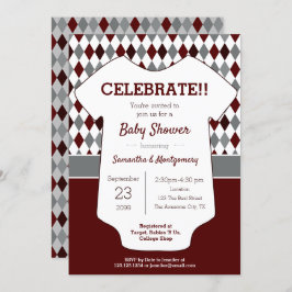 Maroon en Gray Argyle Patterned Baby shower Kaart