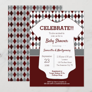 Maroon en Gray Argyle Patterned Baby shower Kaart