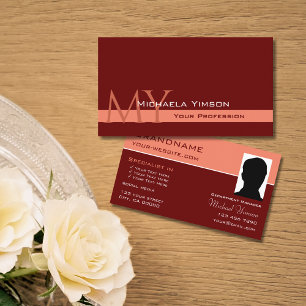 Maroon en koraal Modern met Monogram en Foto Visitekaartje