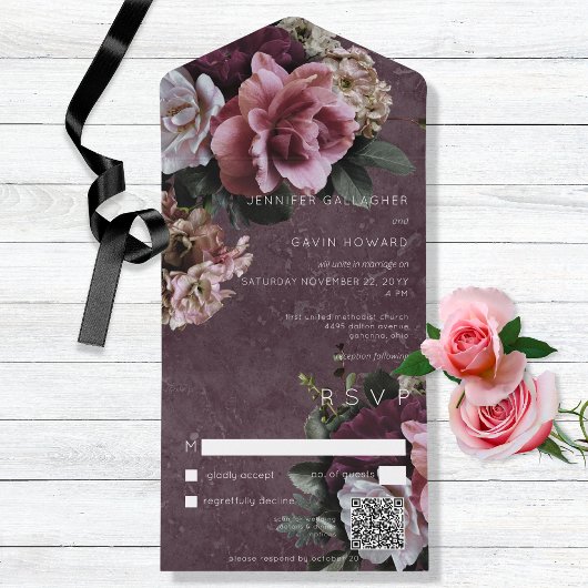 Maroon- en roze Floral Moderne QR-code All In One Uitnodiging