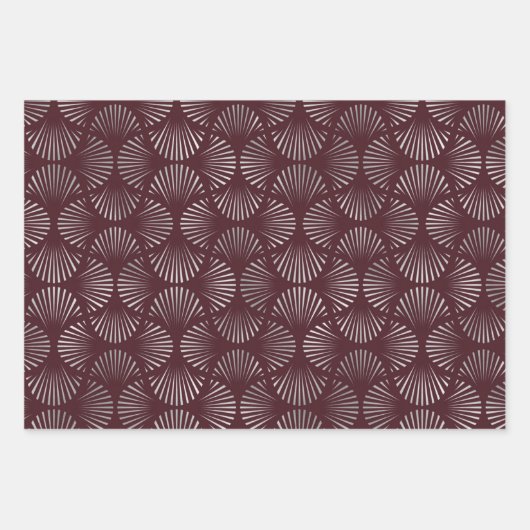 Maroon en Silver Art Deco Fan Pattern Inpakpapier Vel (Voorkant)