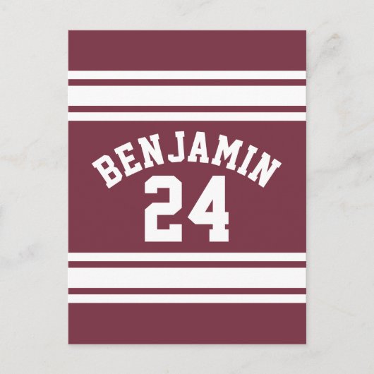 Maroon en White Jersey Stripes Custom Name Number Briefkaart (Voorkant)