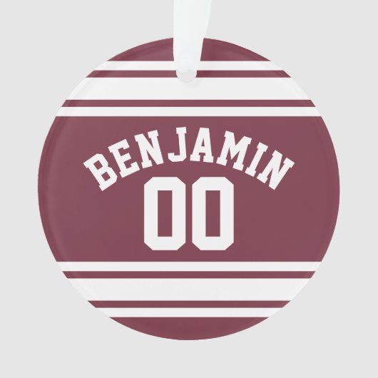 Maroon en White Jersey Stripes Custom Name Number Ornament (voorkant)