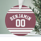 Maroon en White Jersey Stripes Custom Name Number Ornament