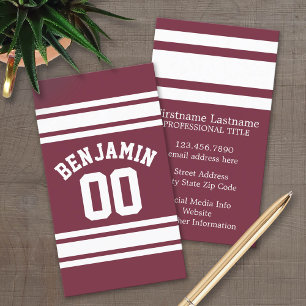 Maroon en White Jersey Stripes Custom Name Number Visitekaartje