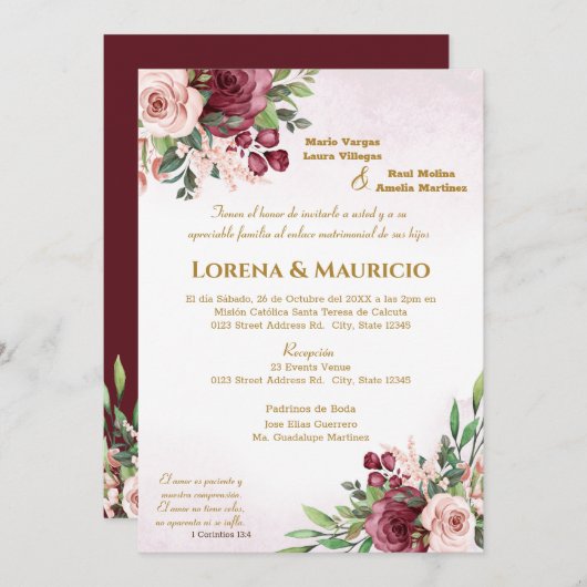 Maroon et Faire-part de mariage rose vif (Devant / Derrière)