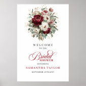 Maroon Floral Greenery Bridal Shower Welcome Poster (Voorkant)