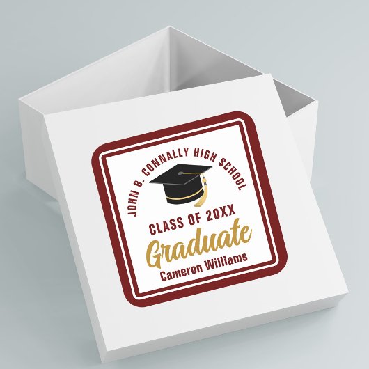Maroon Gold Afstuderen gepersonaliseerd afstudeerf Vierkante Sticker