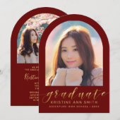 Maroon Gold Arch 2 Photo Graduation Faire-part (Devant / Derrière)