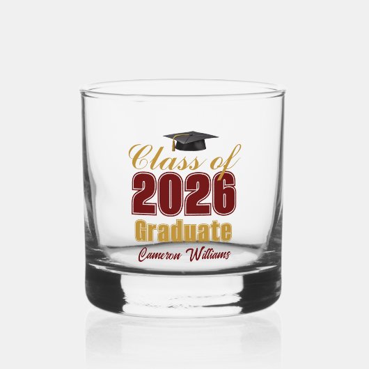 Maroon Gold Class of 2026 Graduation Party Whisky Glas (Voorkant)