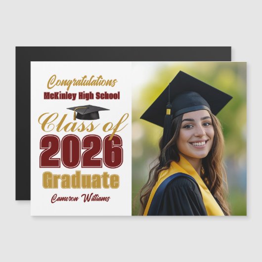 Maroon Gold Class of 2026 Graduation Photo Magnet (Devant / Derrière)