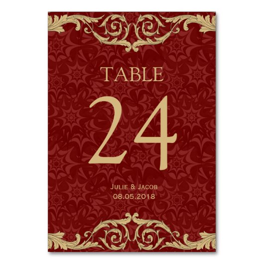 Maroon Gold Damask Wedding Table Kaarten (Voorkant)