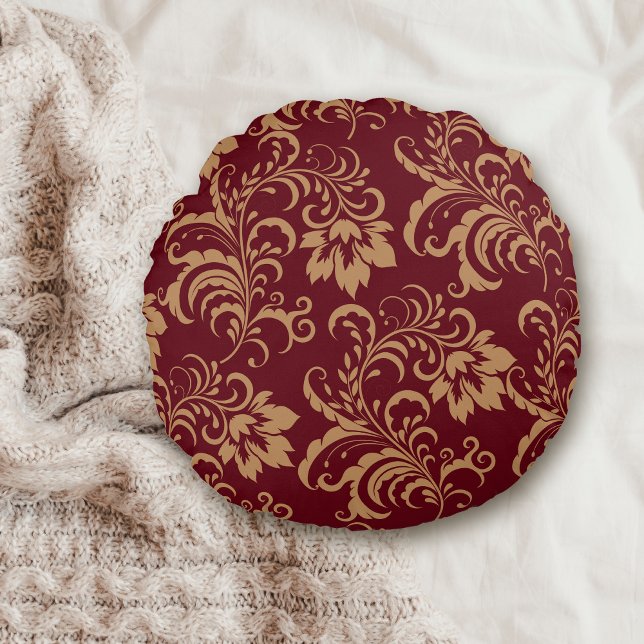 Maroon Gold Floral Swirl Rond Kussen (Creator heeft geüpload)