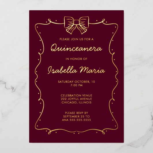 Maroon Gold Foil Quinceañera Invitation main tirée (Recto)