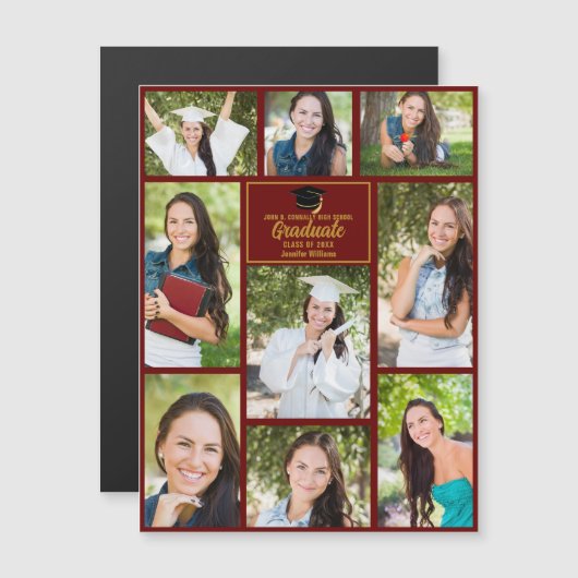 Maroon Gold Graduation Photo Collage Magnet Card (Devant / Derrière)