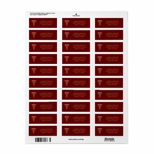 Maroon Gold Medische Caduceus Dokter Retouradres Etiket (Full Sheet)