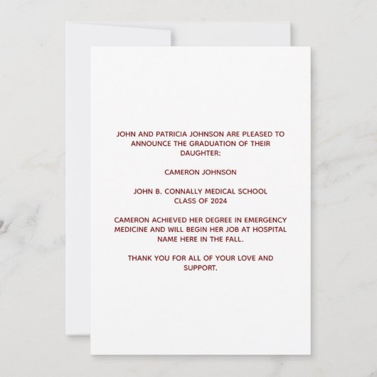 Maroon Gold Medische School Foto Afstuderen Aankondiging (Achterkant)