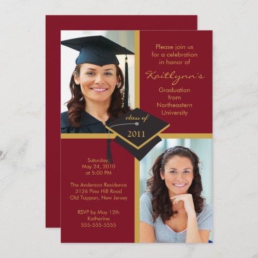 Maroon & Gold Photo Afstuderen Uitnodiging (Voorkant / Achterkant)