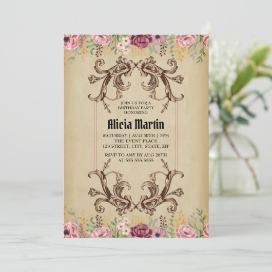 Maroon Goud Flora Perkament Verjaardag Kaart (Staand voorkant)