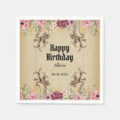 Maroon Gouden Bloemperkament Verjaardag Servet (Voorkant)