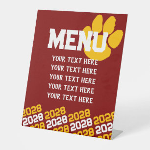 Maroon & Gouden Pawprint Afstuderen Menu Party Reclamebord Met Voetstuk