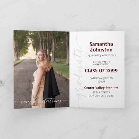 Maroon Graduate Script Modern Photo Invitation (Intérieur)