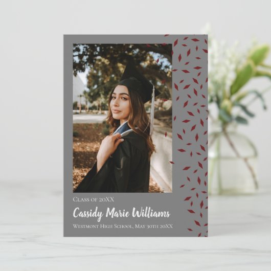 Maroon Gray Confetti Afstuderen Aankondiging (Staand voorkant)