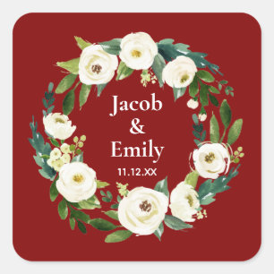 Maroon Greenery Gepersonaliseerde Namen Datum Huwe Vierkante Sticker