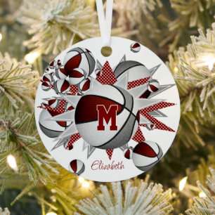 Maroon grijze basketballen sterren gepersonaliseer metalen ornament