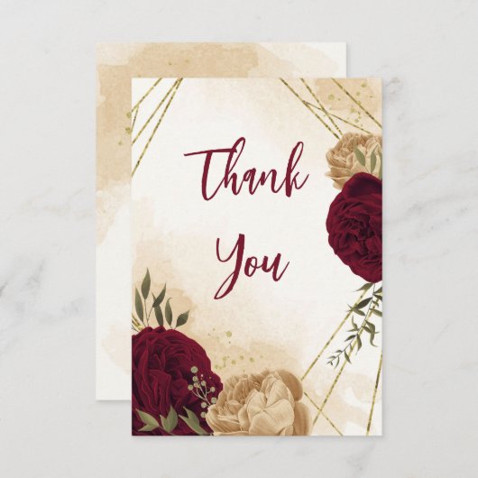 Maroon groen beige goud botanische bruiloft bedankkaart (Voorkant / Achterkant)