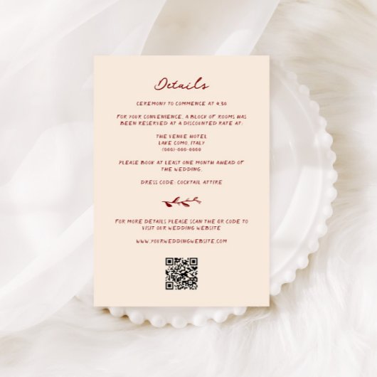 Maroon Hand getrokken bruiloft details Informatiekaartje