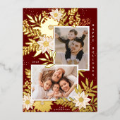 Maroon Kerstmis Poinsettia Foto Collage Goud Folie Feestdagenkaart (Voorkant)