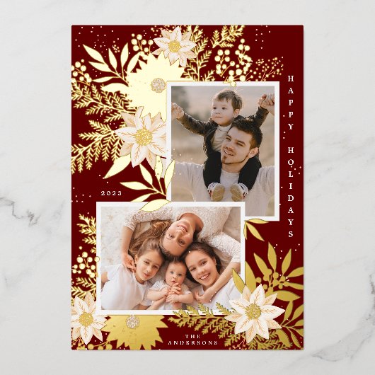Maroon Kerstmis Poinsettia Foto Collage Goud Folie Feestdagenkaart (Voorkant)