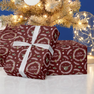 Maroon Longhorn Bull in Kerstkrans Cadeaupapier