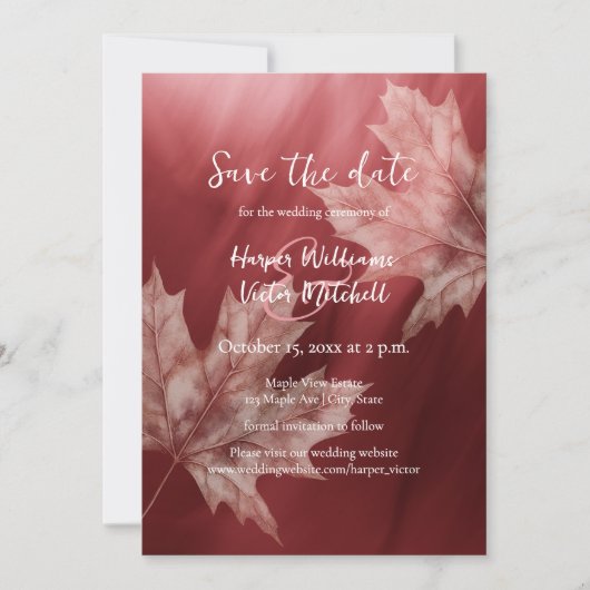 Maroon Maple Leaves Fall Wedding Save The Date (Voorkant)