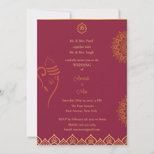 Maroon mariage indien et invitation à l'or (Devant)