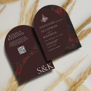 Maroon Minimale Elegante Moslim QR Code Boog Huwel Kaart