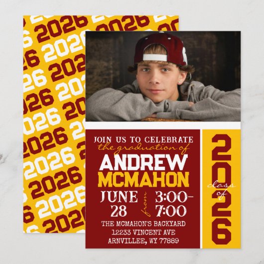 Maroon & Or Moderne Graduation Photo Invitation (Devant / Derrière)