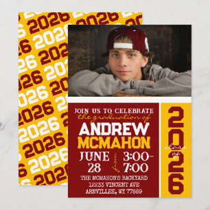 Maroon & Or Moderne Graduation Photo Invitation