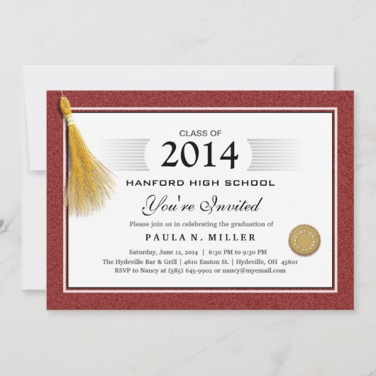 Maroon Red Border Diploma Afstuderen & Gold Tassel Kaart (Voorkant)